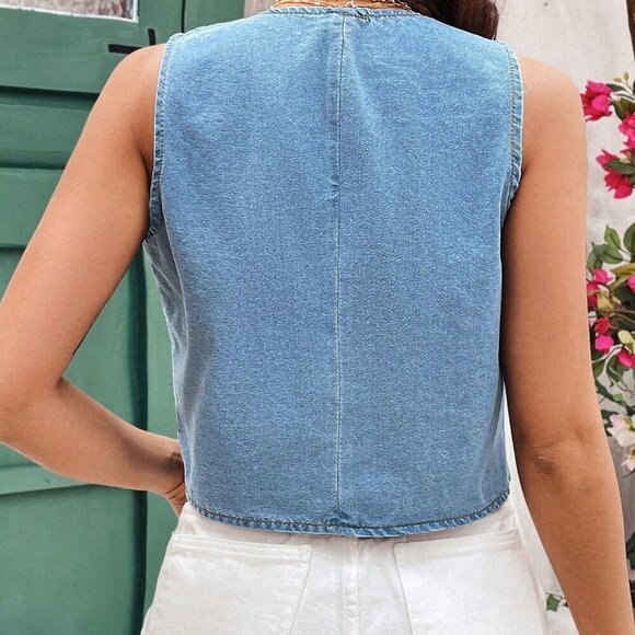 Medium Wash Casual Women's Short Fitted Denim Vest With Pockets - Picture 5 of 5